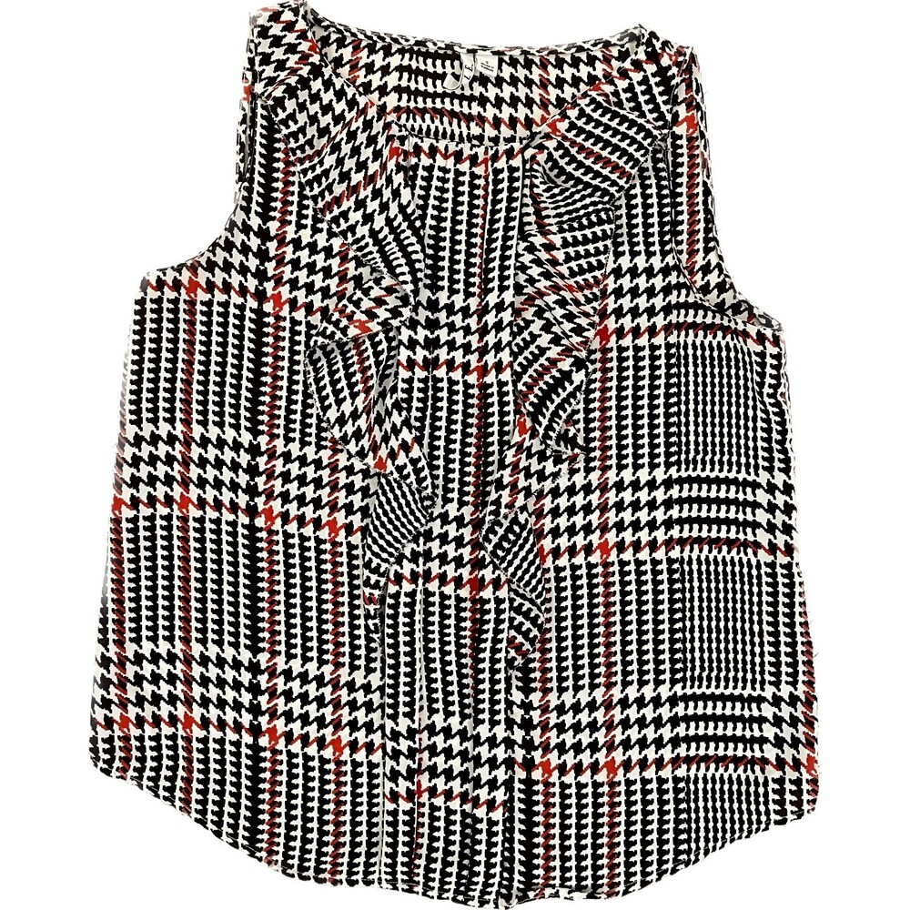 Elle | Houndstooth Ruffled Sleeveless Blouse | Small